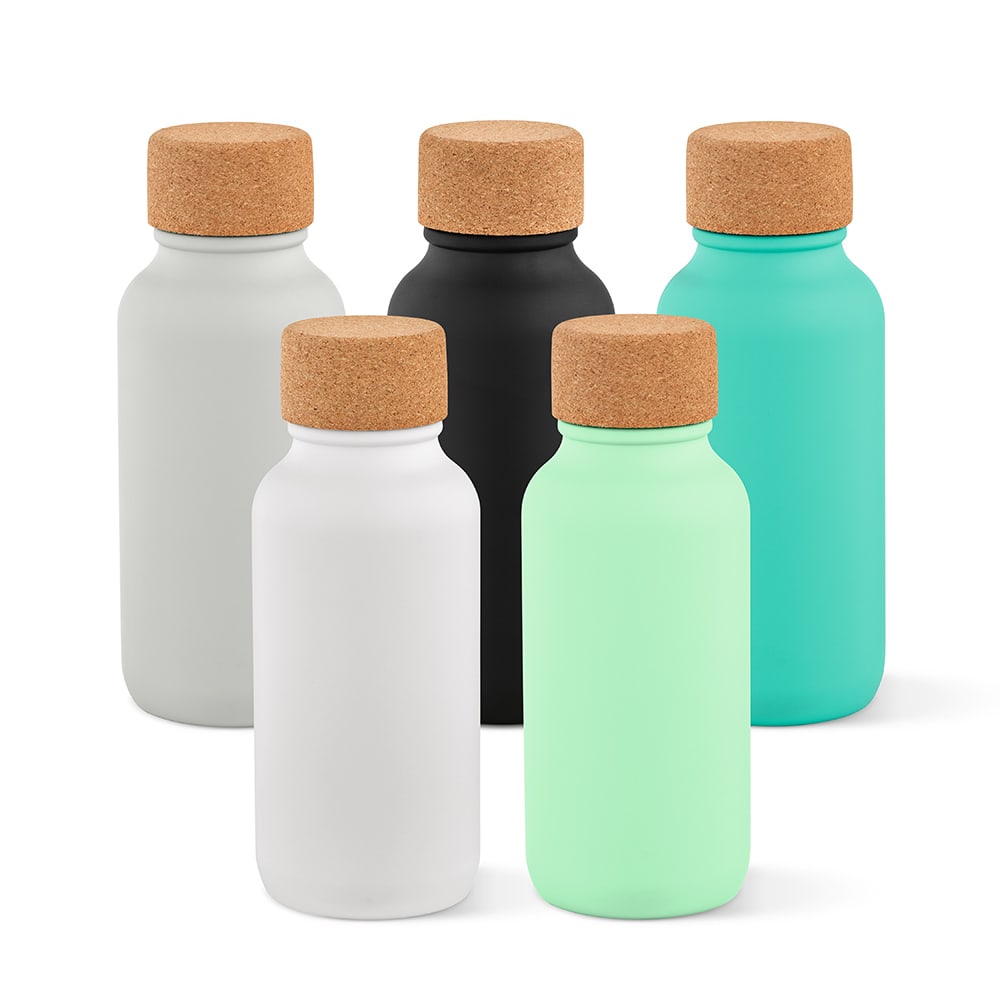 A drink bottle collection featuring grey, white, black, and two shades of green with cork lids. Each bottle is leakproof.