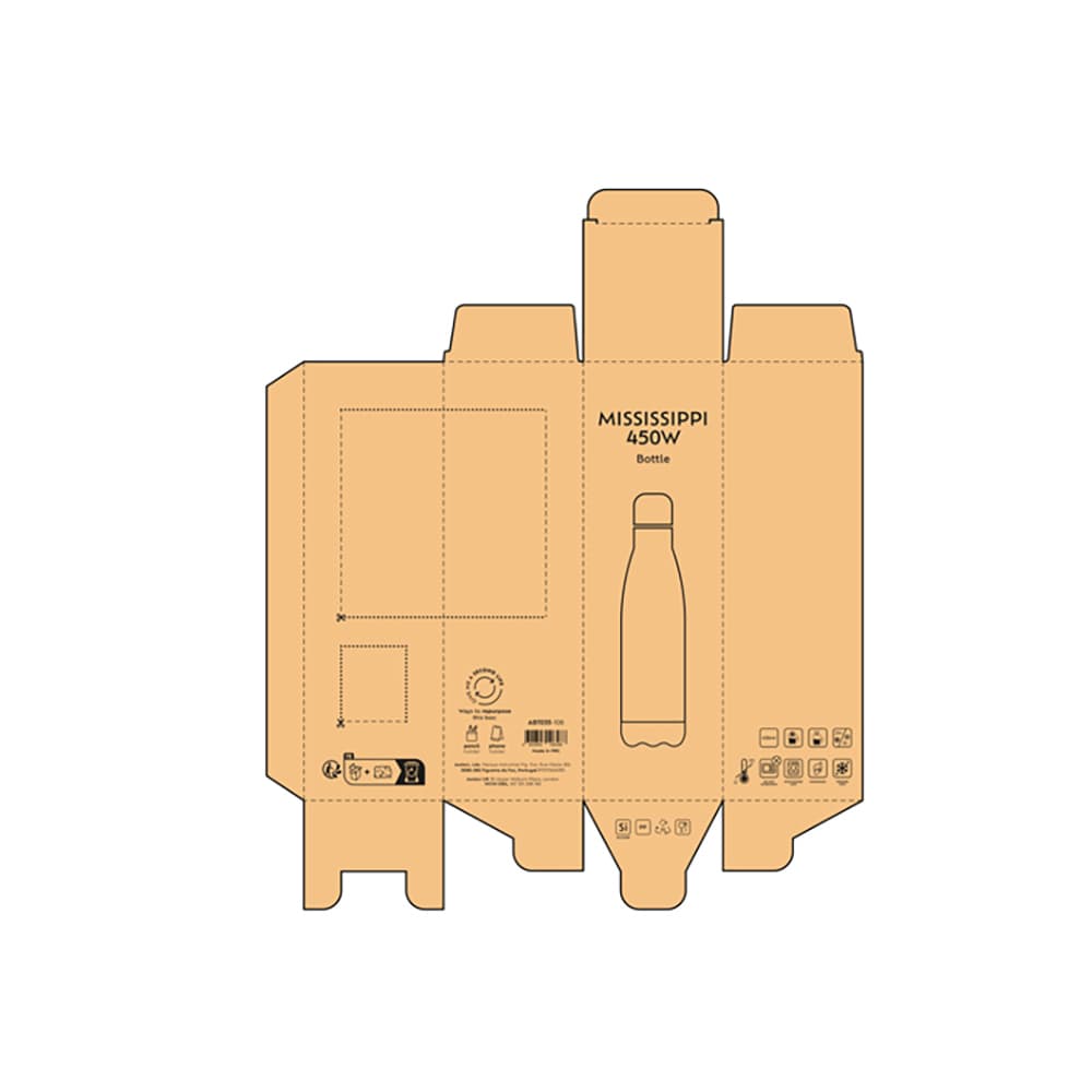 A drink bottle packaging design for the Mississippi 450W, featuring double wall and sublimation capability. The colour is brown.