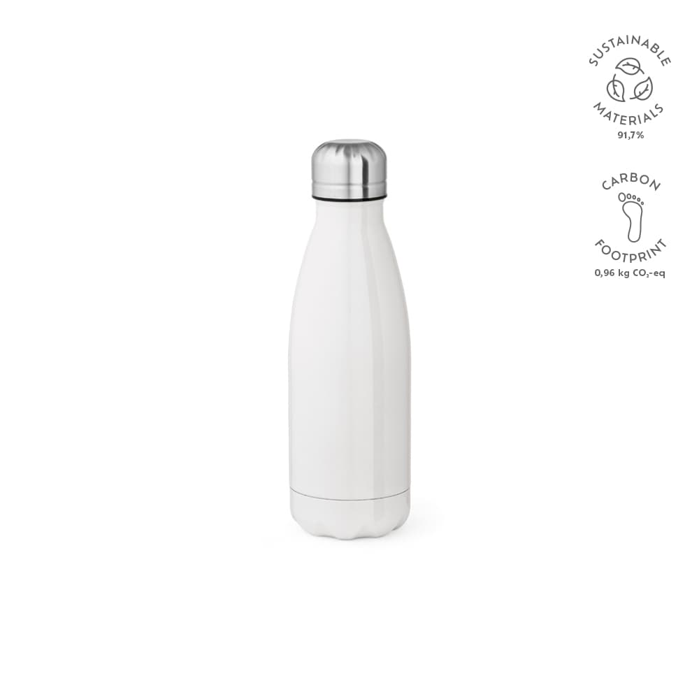 A drink bottle in white with a silver lid, featuring a logo and information about sustainability.