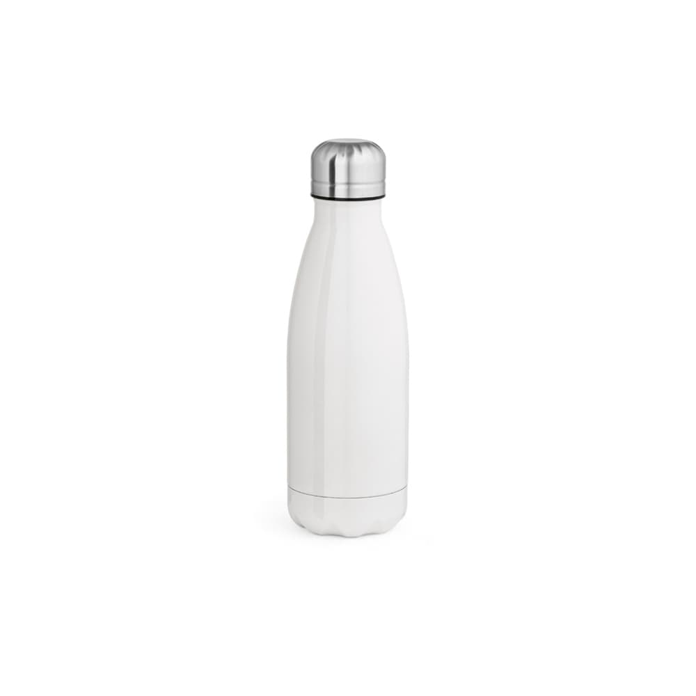 A drink bottle in white with a stainless steel lid, featuring a sleek, double-wall design for sublimation.