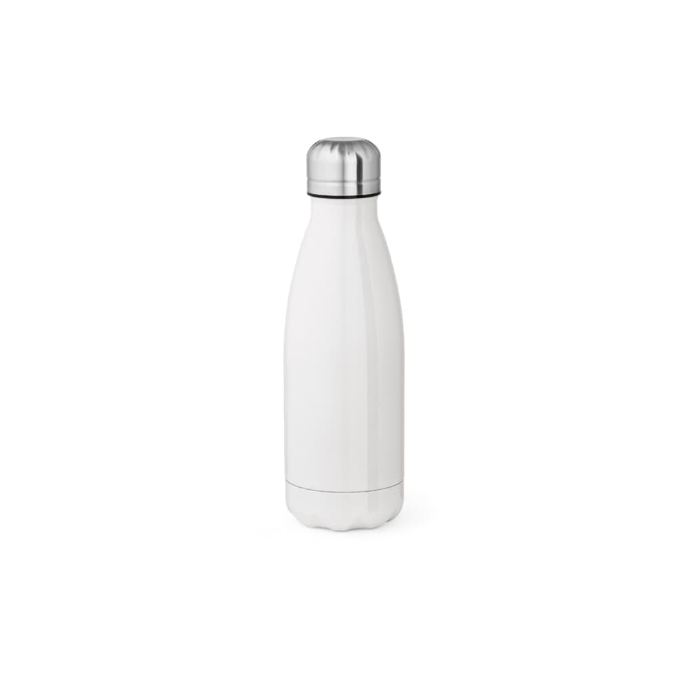 A drink bottle featuring a sleek white design, double wall construction, and a stainless steel top, with a logo.