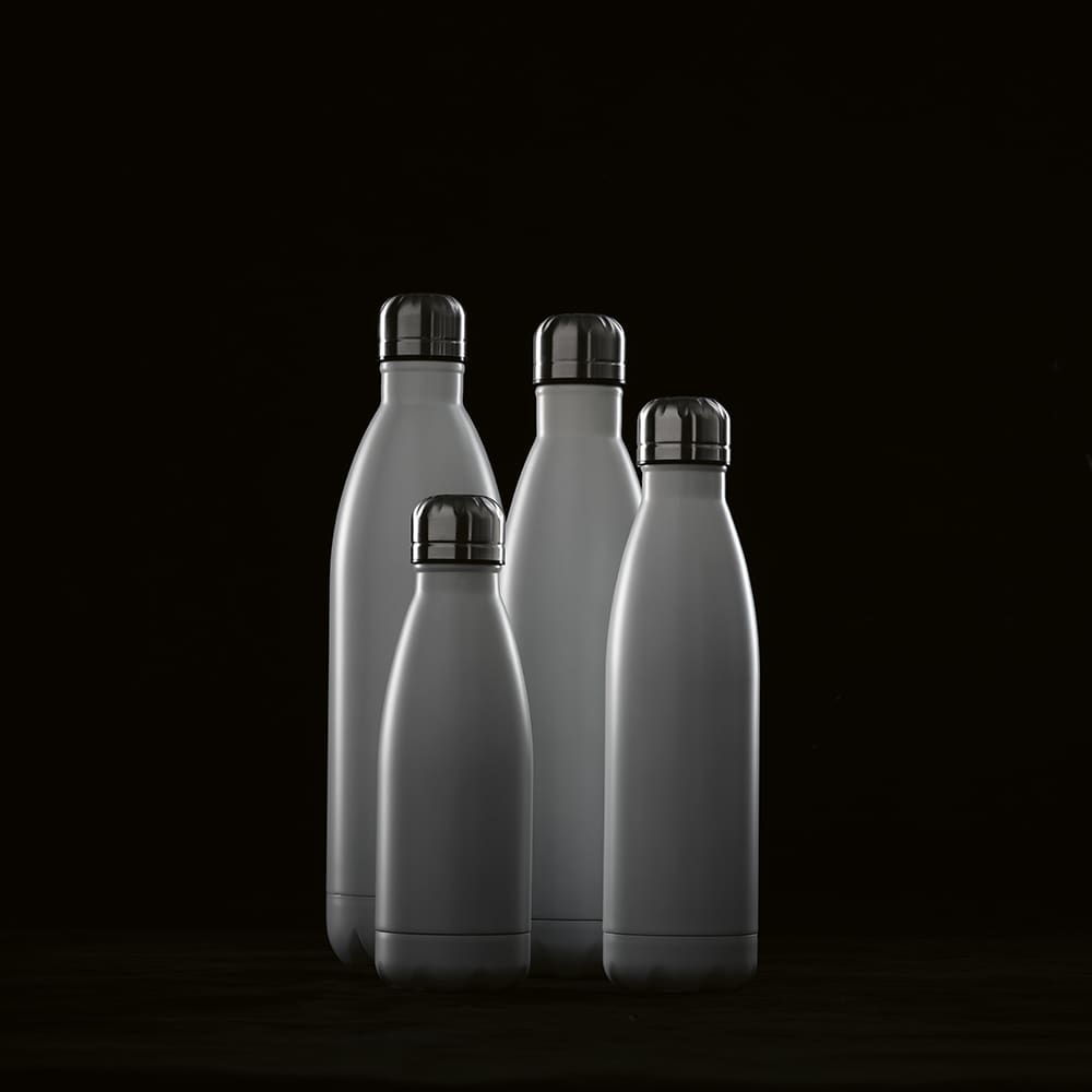 A drink bottle set featuring four white double-walled bottles with silver lids. Each bottle is suitable for sublimation.