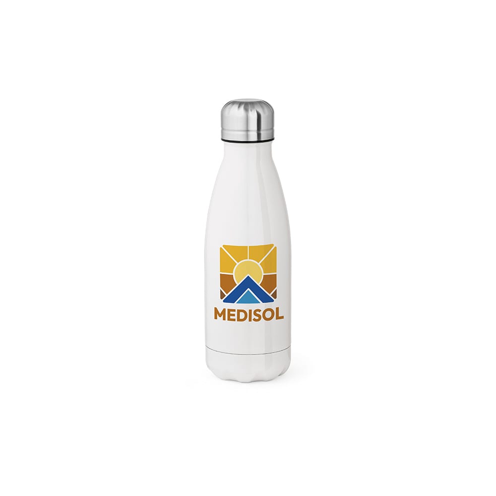 A drink bottle featuring a double wall design, shiny silver cap, and a white body with a logo.