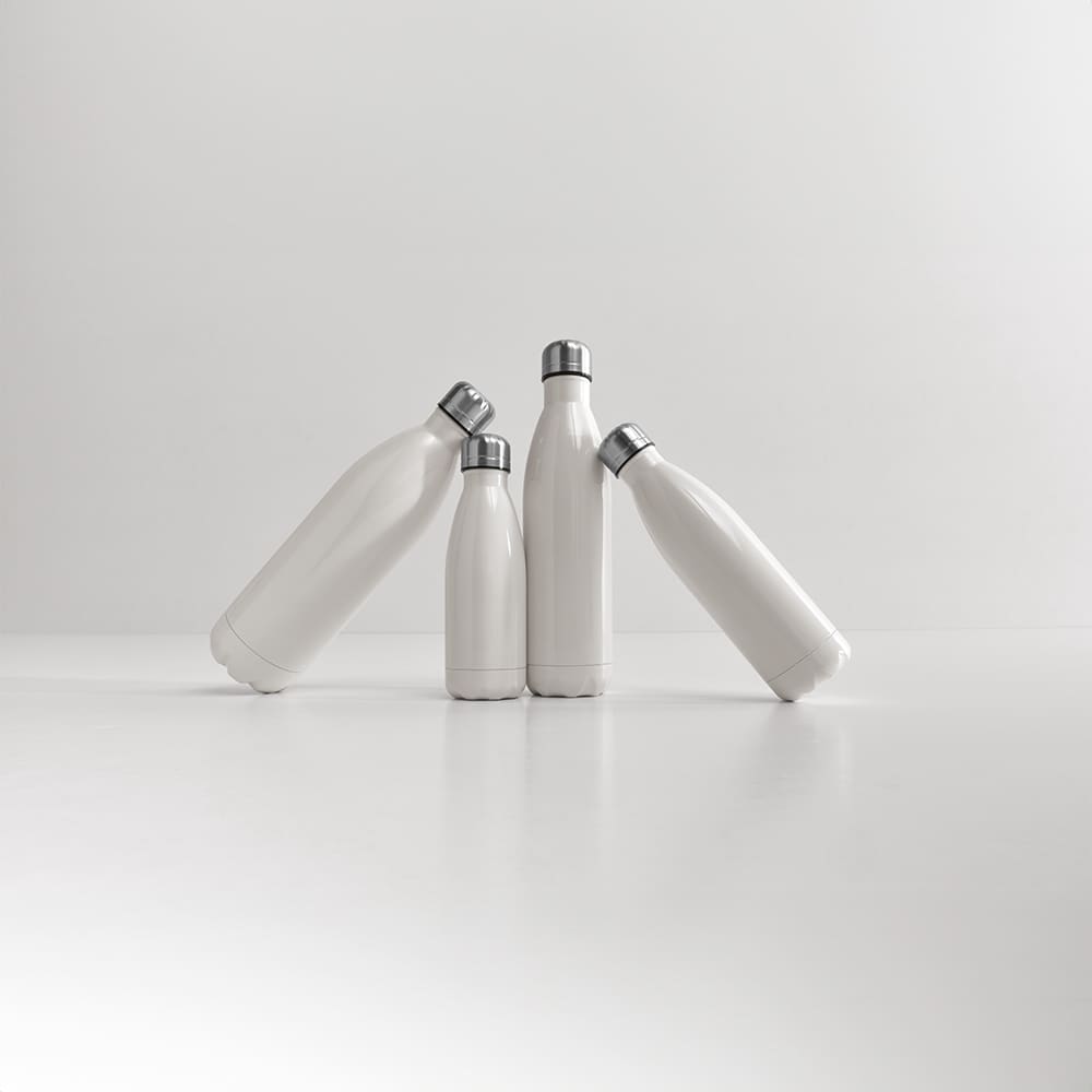 A drink bottle collection featuring four white, double-walled bottles with silver caps, displaying a sleek design.