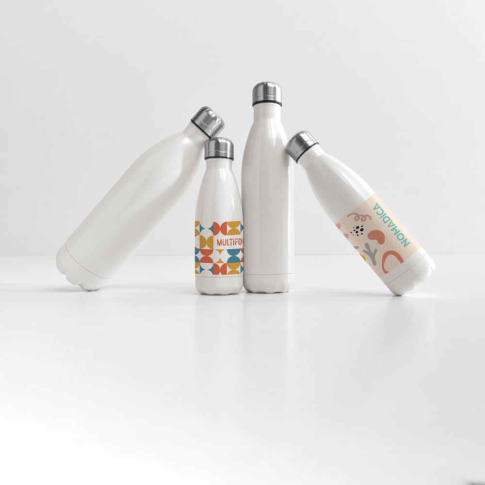 A drink bottle in white with a double wall design, featuring assorted colourful patterns and a logo.