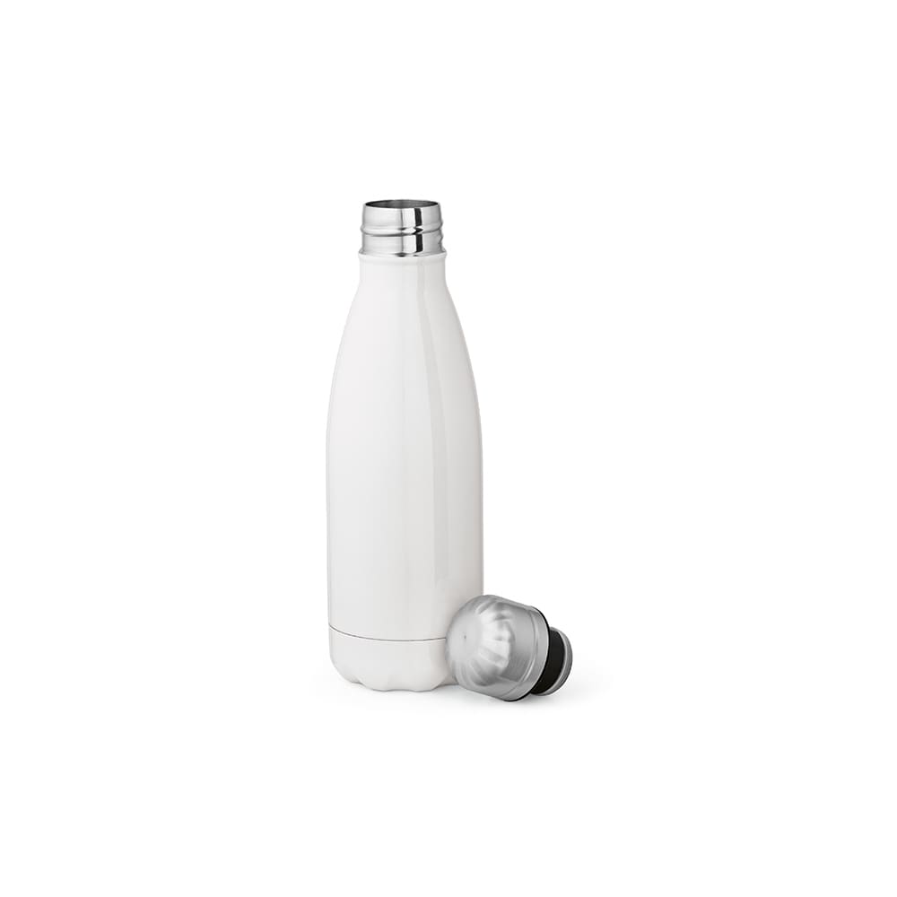 A drink bottle in white with a stainless steel lid, featuring a sleek double-wall design for sublimation.