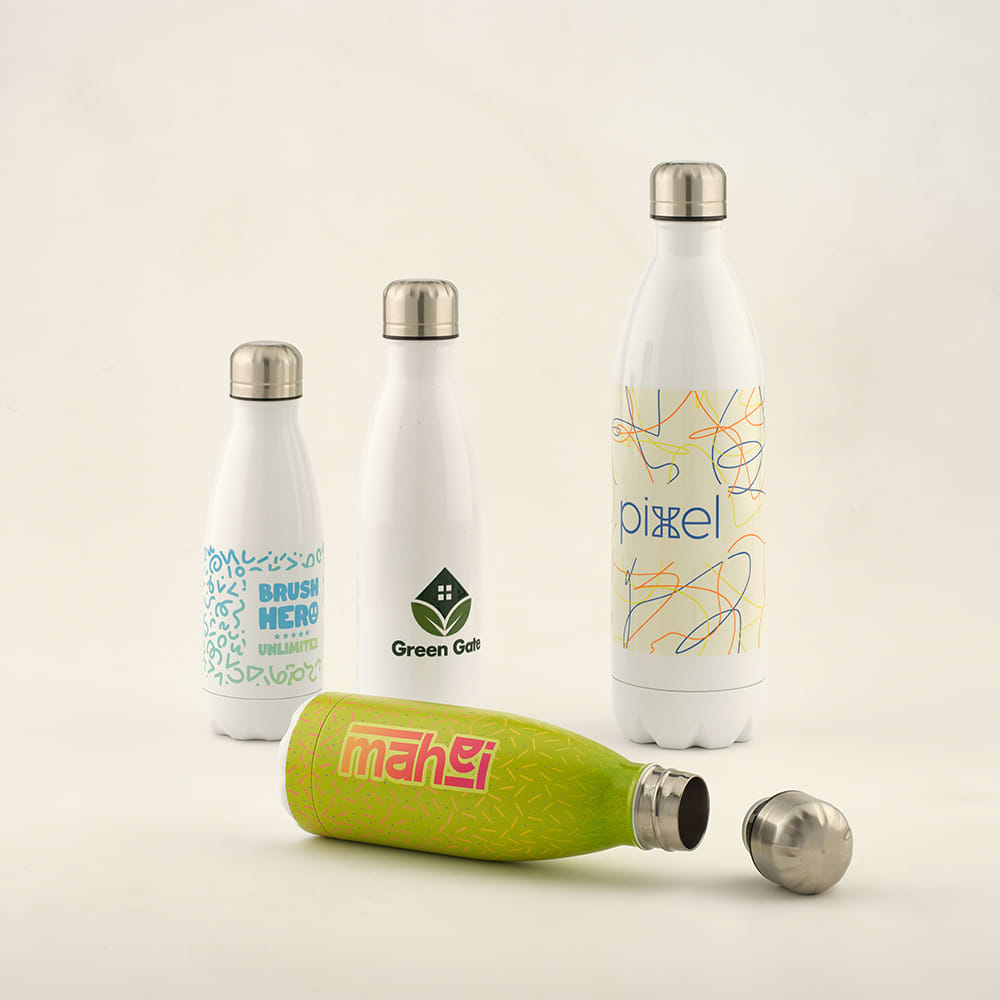 A drink bottle collection featuring various designs, including a green bottle and three others, all with metal tops.