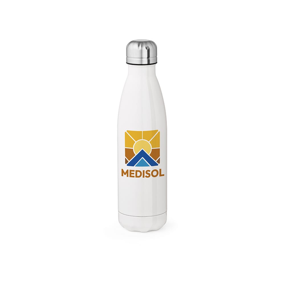 A drink bottle featuring a sleek white design with a silver lid and a branded logo. Suitable for sublimation.