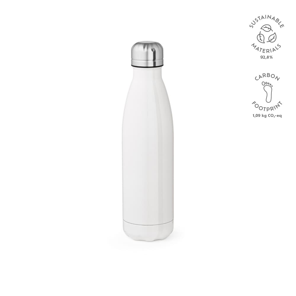 A drink bottle in white with a stainless steel lid, designed for double wall insulation and sublimation.