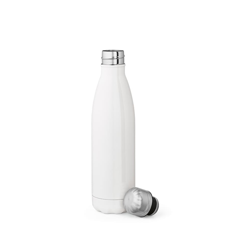A drink bottle in white with a silver lid and a separate silver cap. It features a double wall design for insulation.