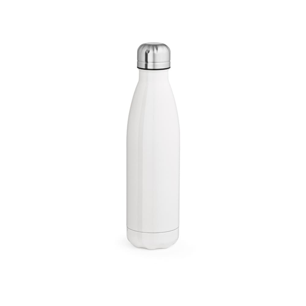 A drink bottle in white with a stainless steel lid, designed for double wall insulation and sublimation printing.