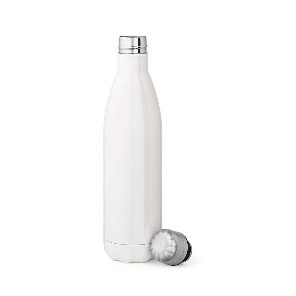 A drink bottle with a sleek white design, featuring a double wall for insulation and a silver cap.