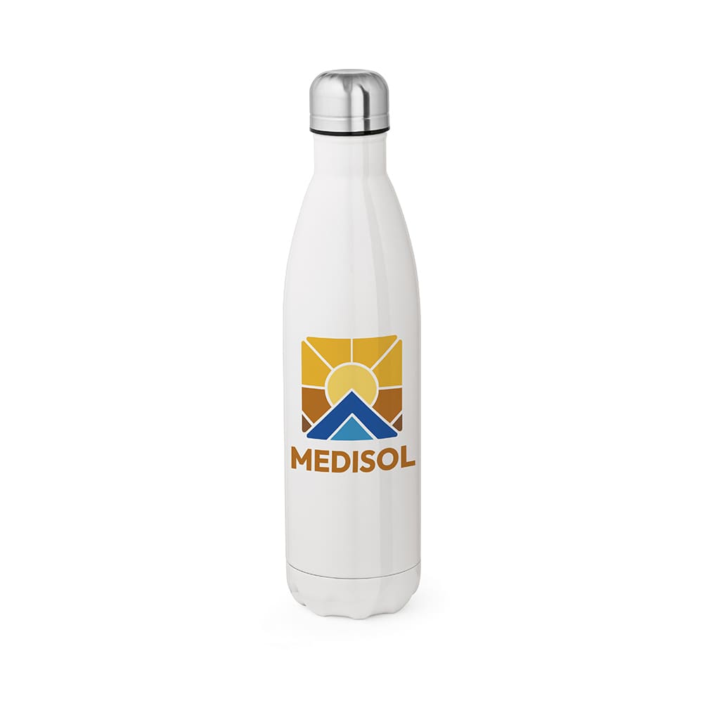 A drink bottle with a white double wall design, featuring a silver lid and a logo in yellow and brown.