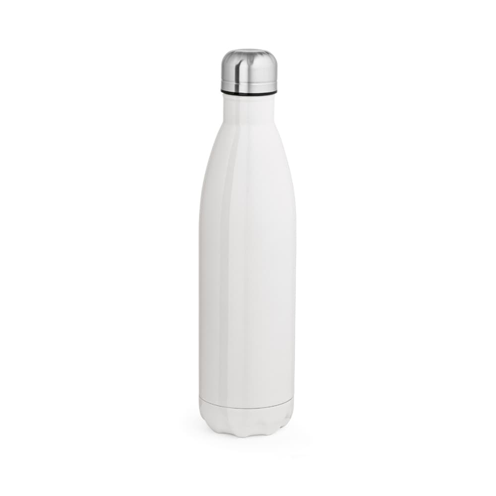 A drink bottle in white with a silver lid, featuring a double wall design suitable for sublimation.