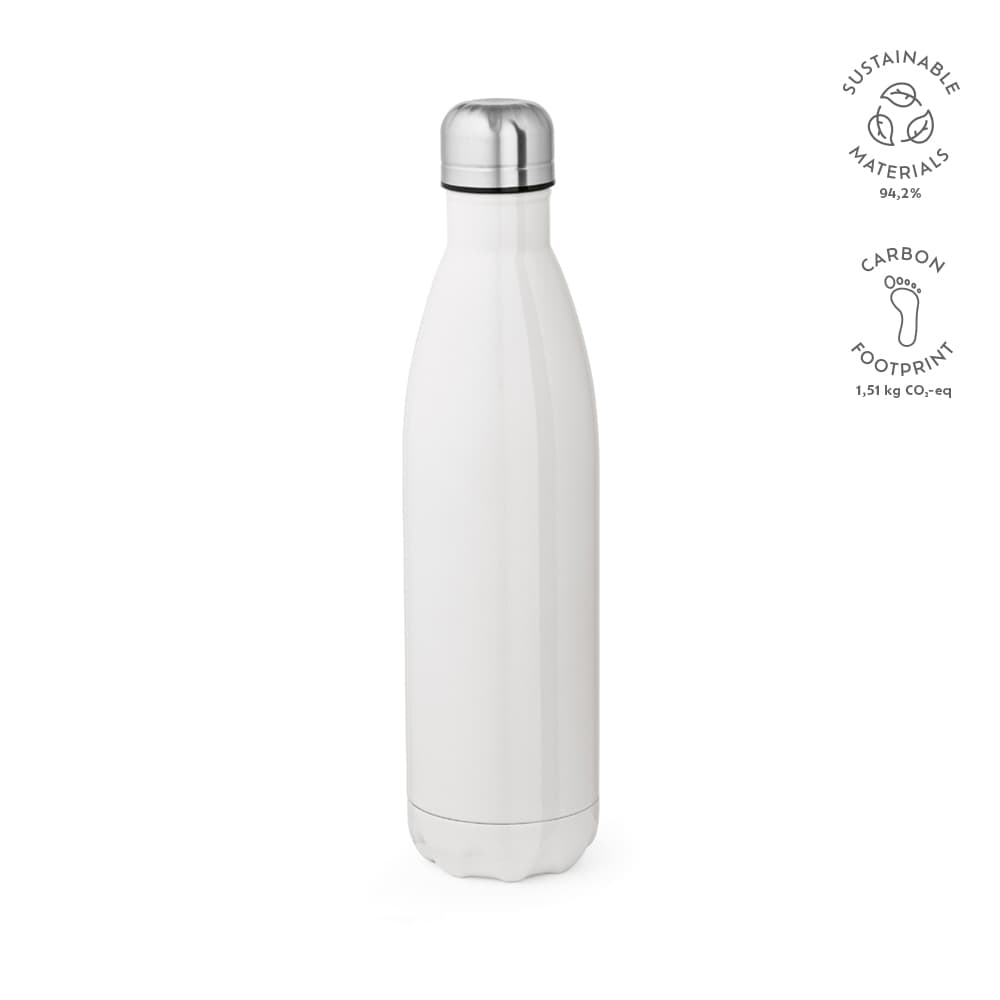A drink bottle with a sleek white design and a stainless steel lid, featuring a logo. Suitable for sublimation printing.