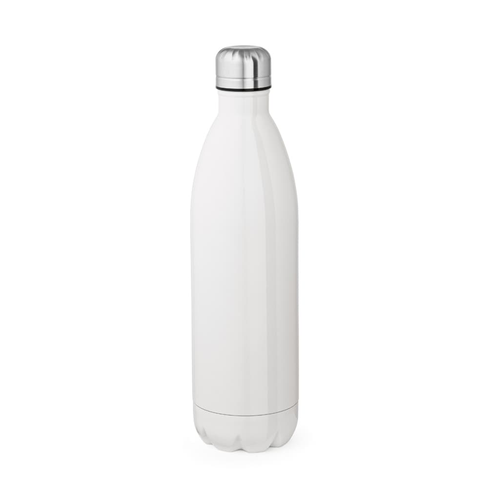 A drink bottle in white with a silver lid, featuring a smooth finish and a logo. Suitable for sublimation printing.