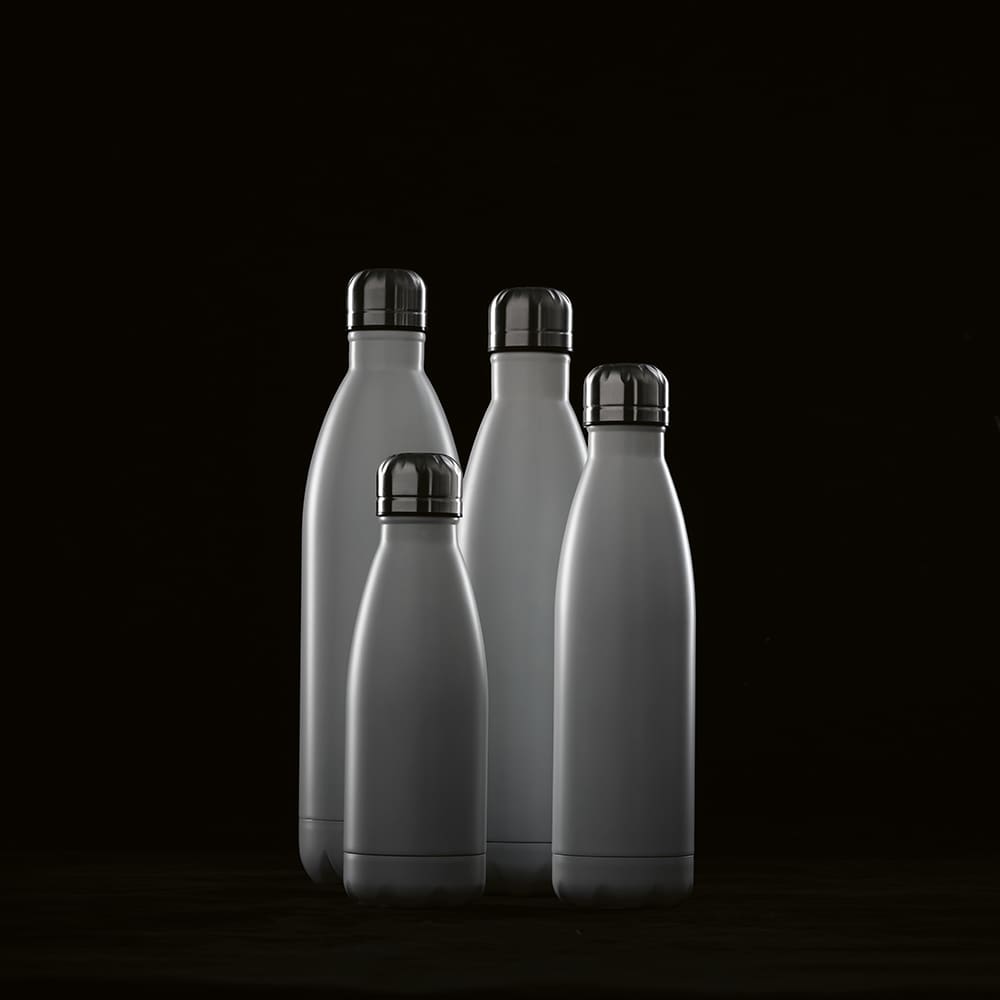 A drink bottle collection featuring four grey stainless steel bottles with black lids and a logo.