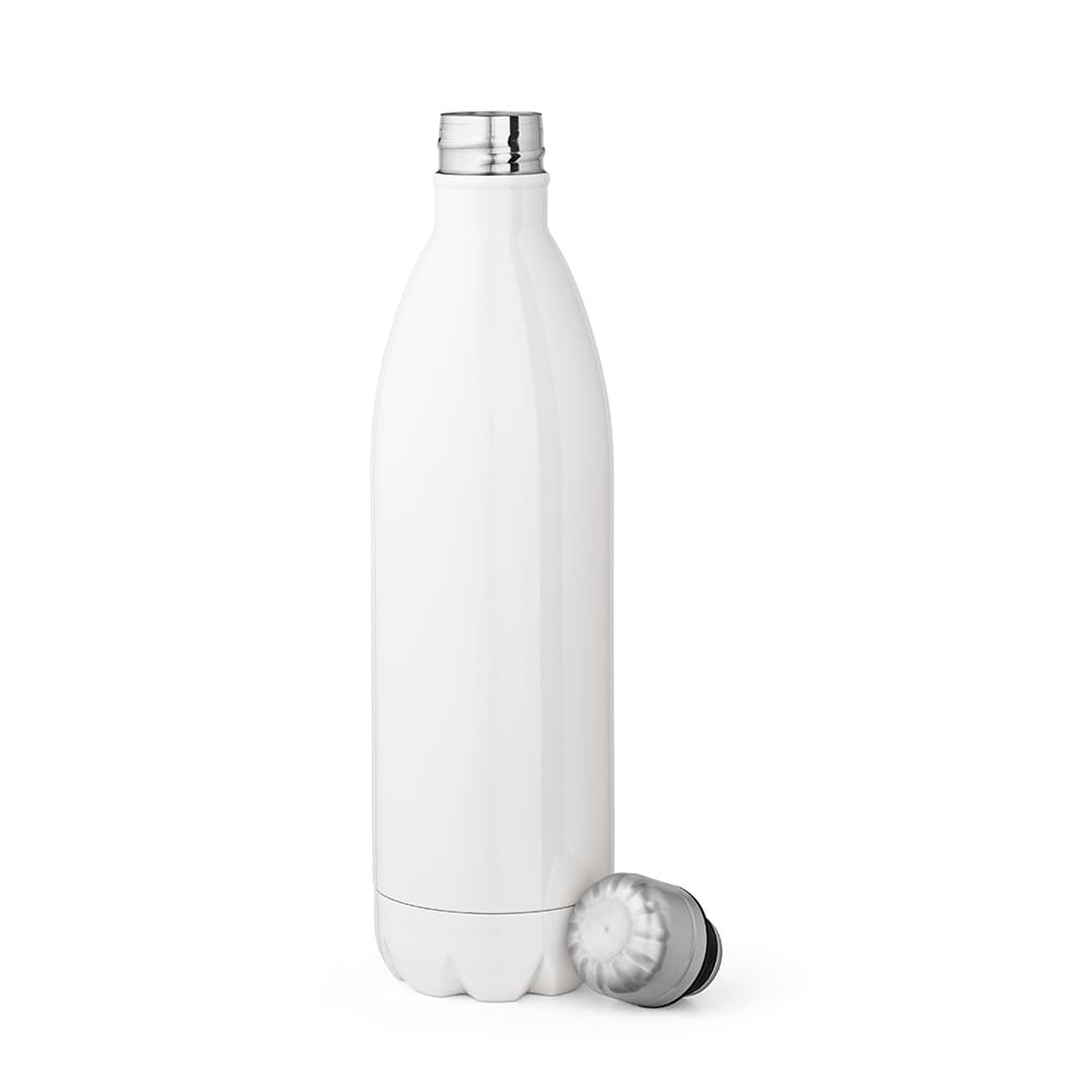 A drink bottle in white featuring a double wall design, ideal for sublimation, with a silver metal lid.