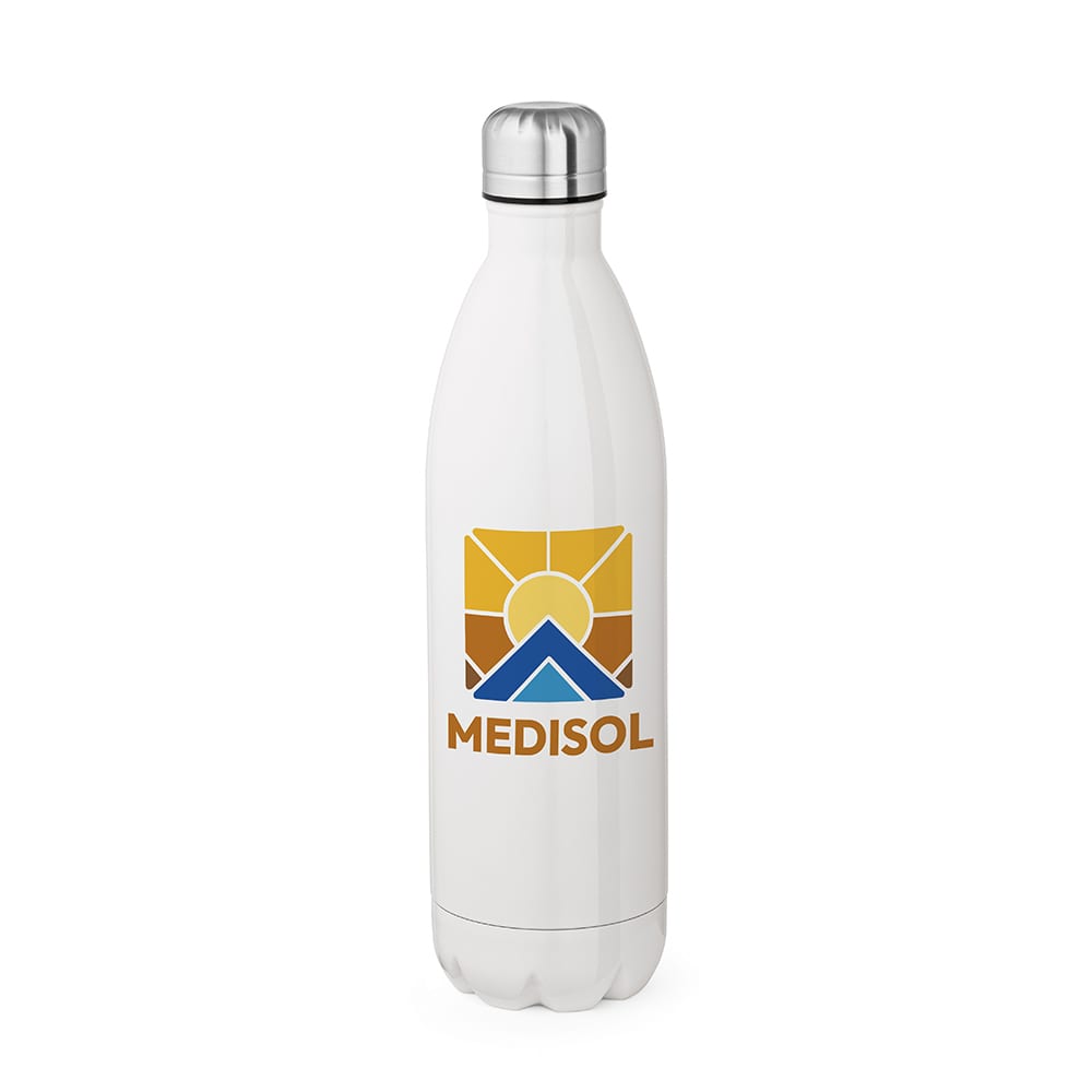 A drink bottle with a sleek white double-wall design, featuring a silver cap and a logo on the front.