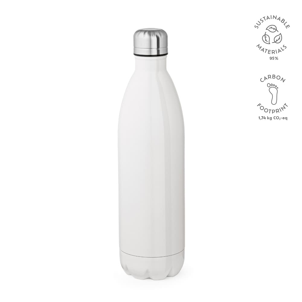 A drink bottle with a sleek white design, stainless steel cap, and a logo, featuring double wall construction for insulation.