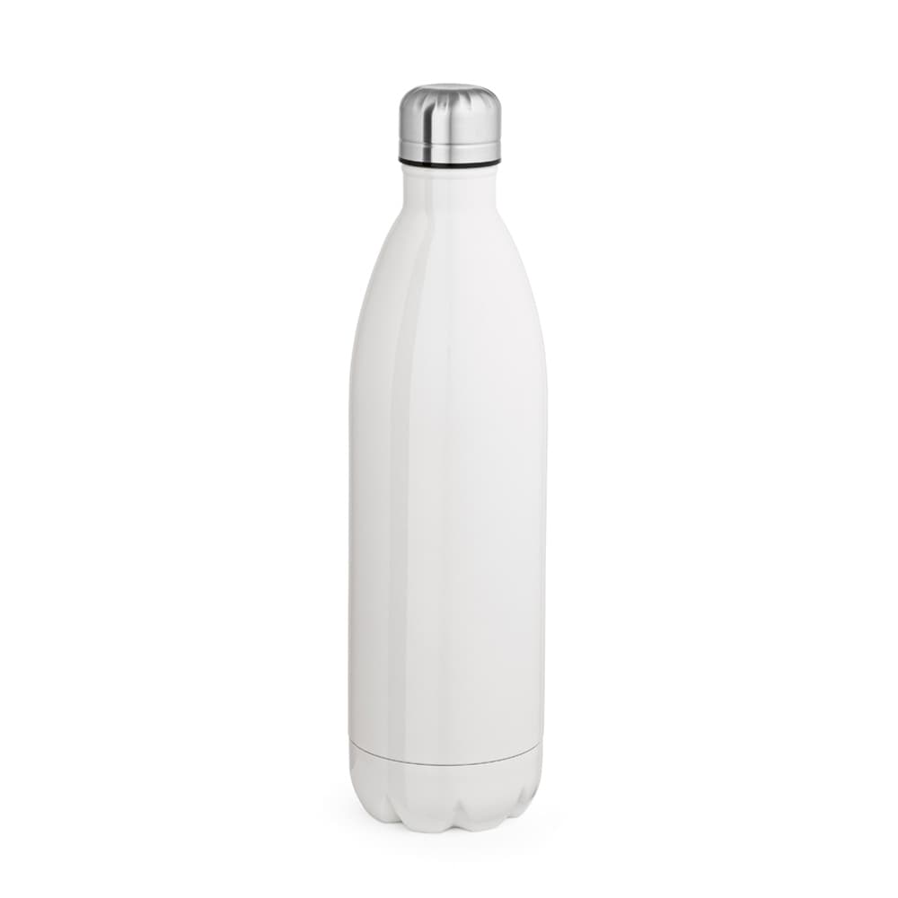 A drink bottle in white with a silver lid, featuring a sleek, double-wall design for sublimation.