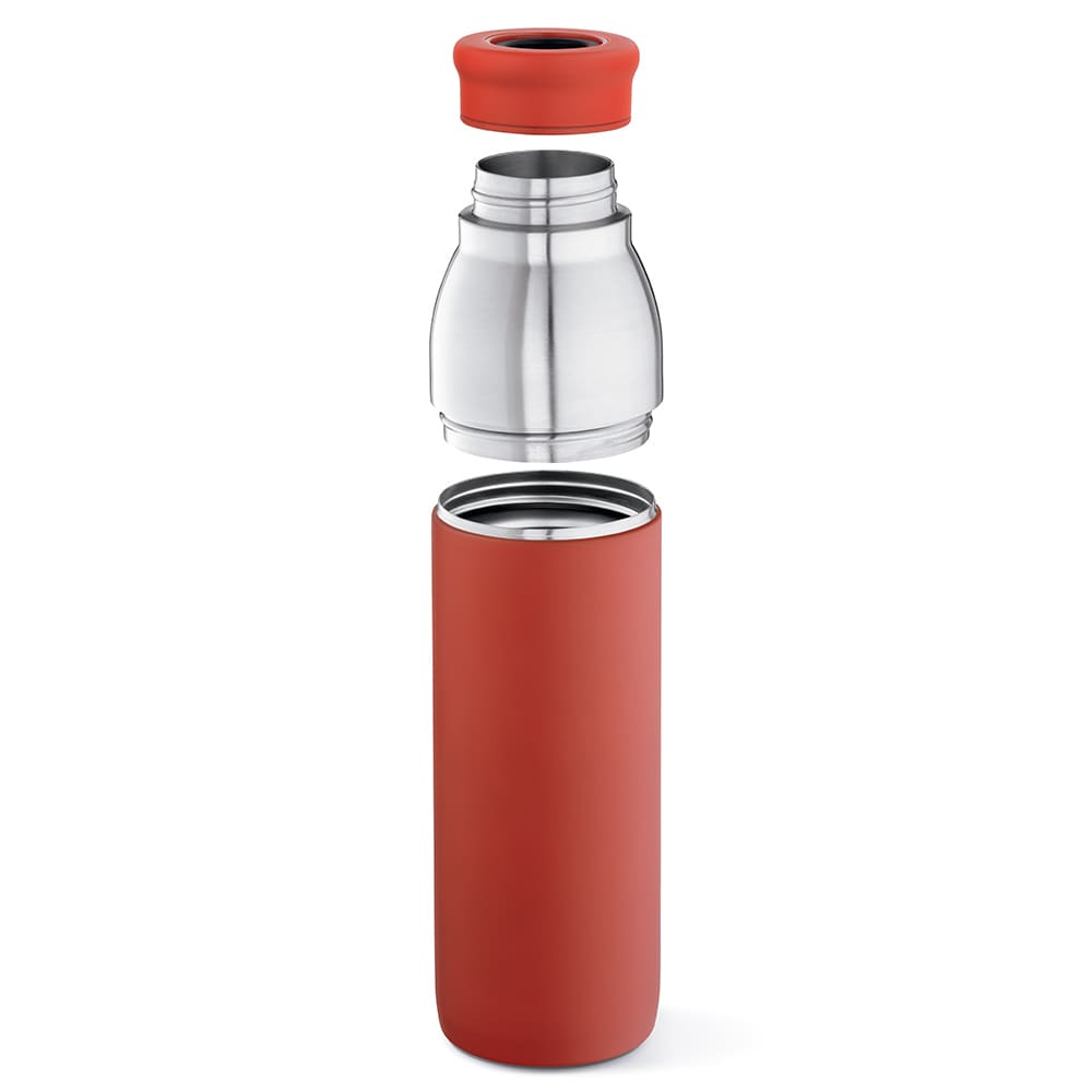 A drink bottle in red with a double wall and a leakproof design, featuring a removable silver lid.