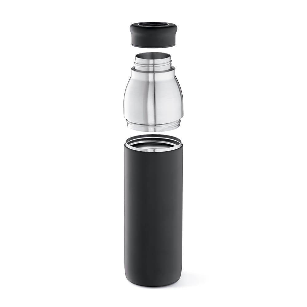 A drink bottle featuring a double-wall construction, leakproof design, and a black exterior with a removable cap.