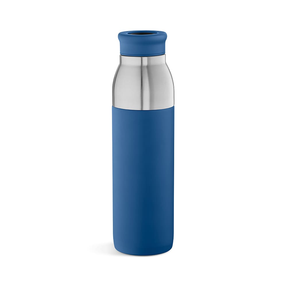 A drink bottle with a stainless steel body, blue silicone sleeve, double wall, and leakproof design.