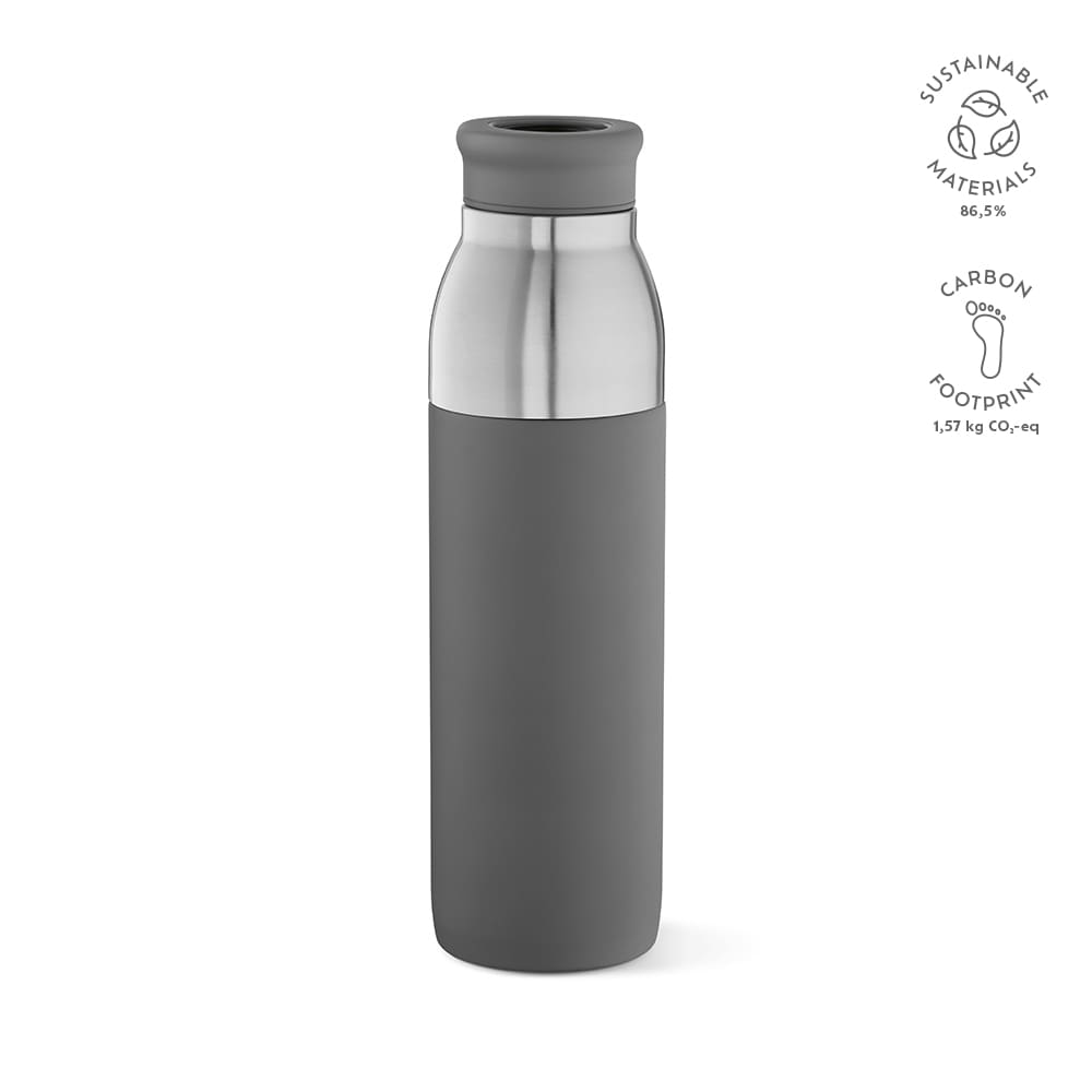 A drink bottle with a double wall design, featuring a stainless steel top and a grey, matte finish. Includes a logo.