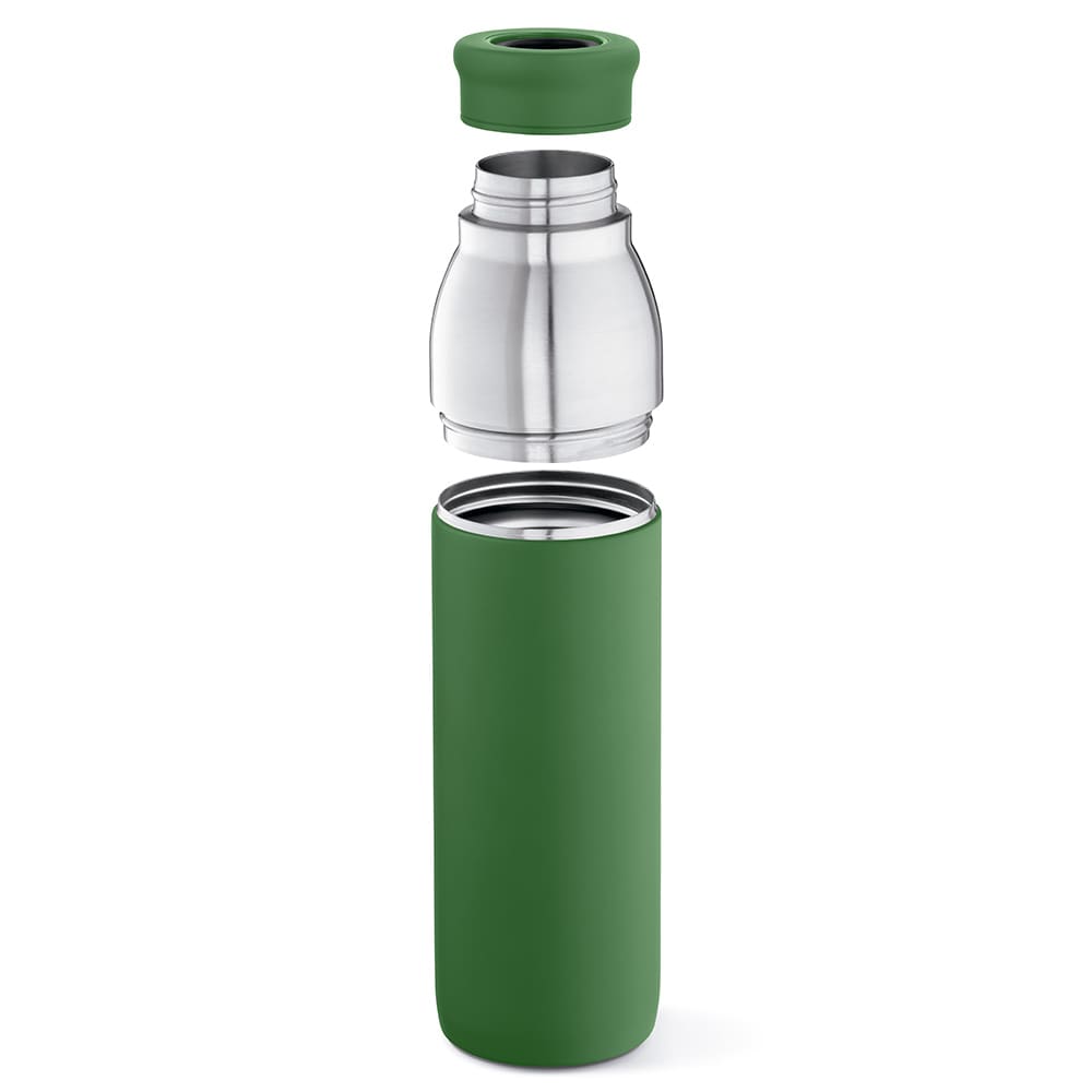 A drink bottle with a double wall design and a green exterior, featuring a removable lid and leakproof construction.
