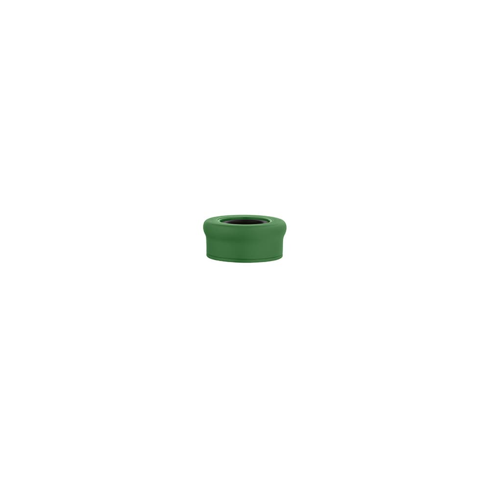 A drink bottle cap in a vibrant green colour, featuring a smooth, rounded design with a black interior.