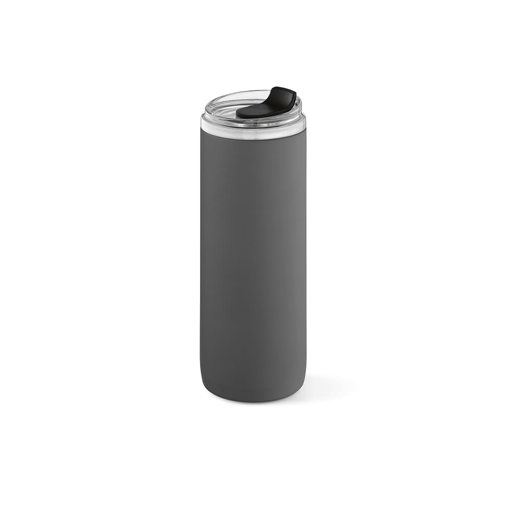 A drink bottle in matte grey with a double wall design and a leakproof lid, featuring a logo.
