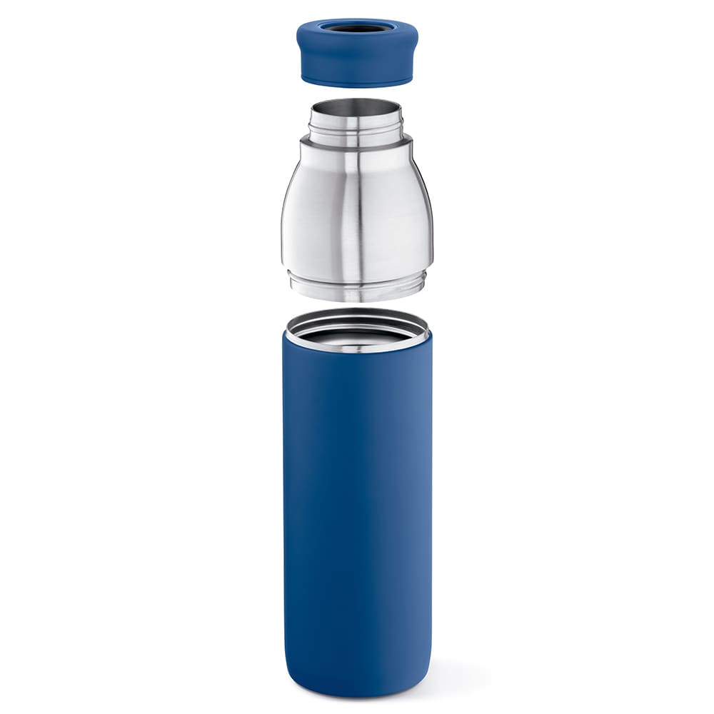 A drink bottle in blue with double wall design, featuring a leakproof cap and an inner stainless steel component.