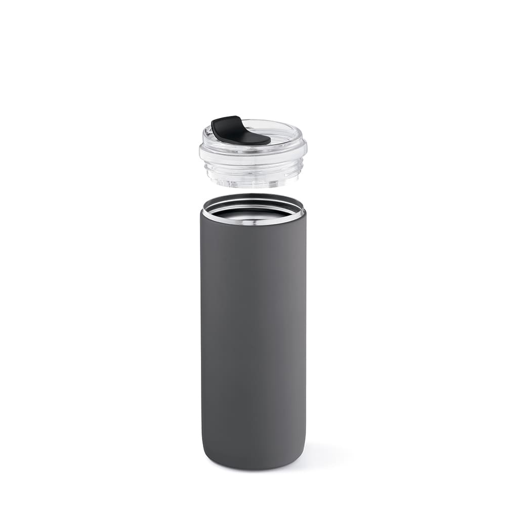 A drink bottle in matte grey, featuring a double wall and a clear, leakproof lid with a black lever.