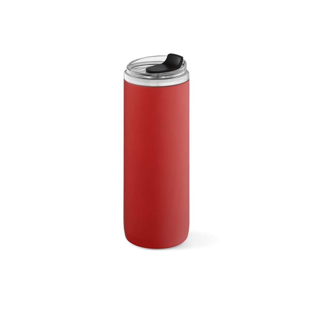 A drink bottle in vibrant red, featuring a double wall design and a leakproof lid, with a logo.