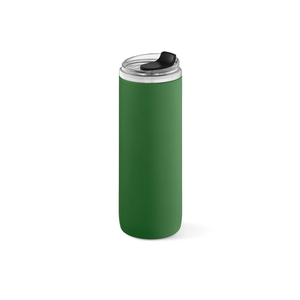 A drink bottle in a vibrant green colour with a clear lid and a black spout. It features a double wall and a leakproof design.