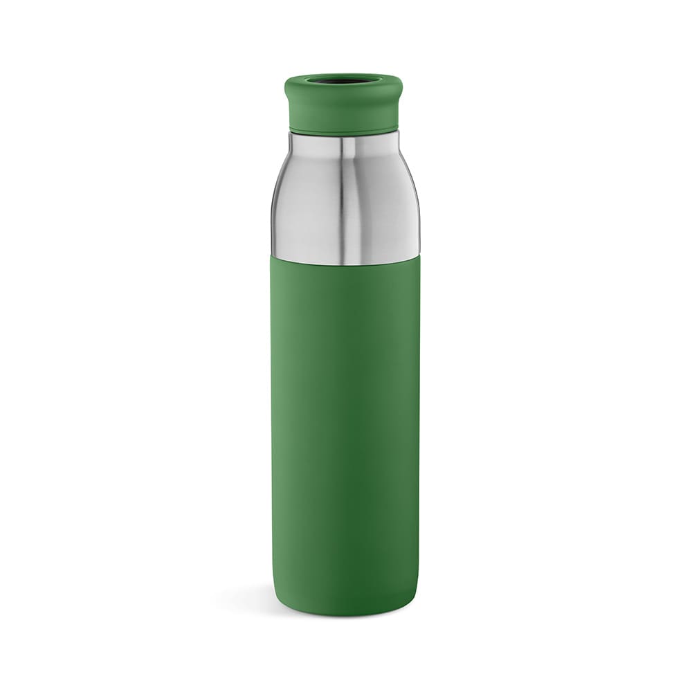 A drink bottle in green with a stainless steel body, featuring a double wall and a leakproof design. It has a logo.