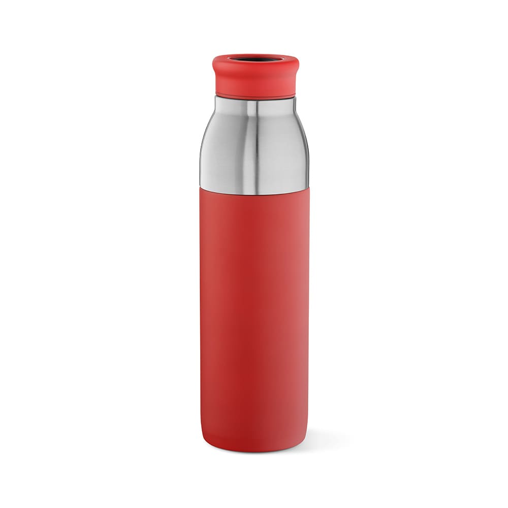 A drink bottle with a stainless steel upper section and a red rubberised lower section, featuring a leakproof design.