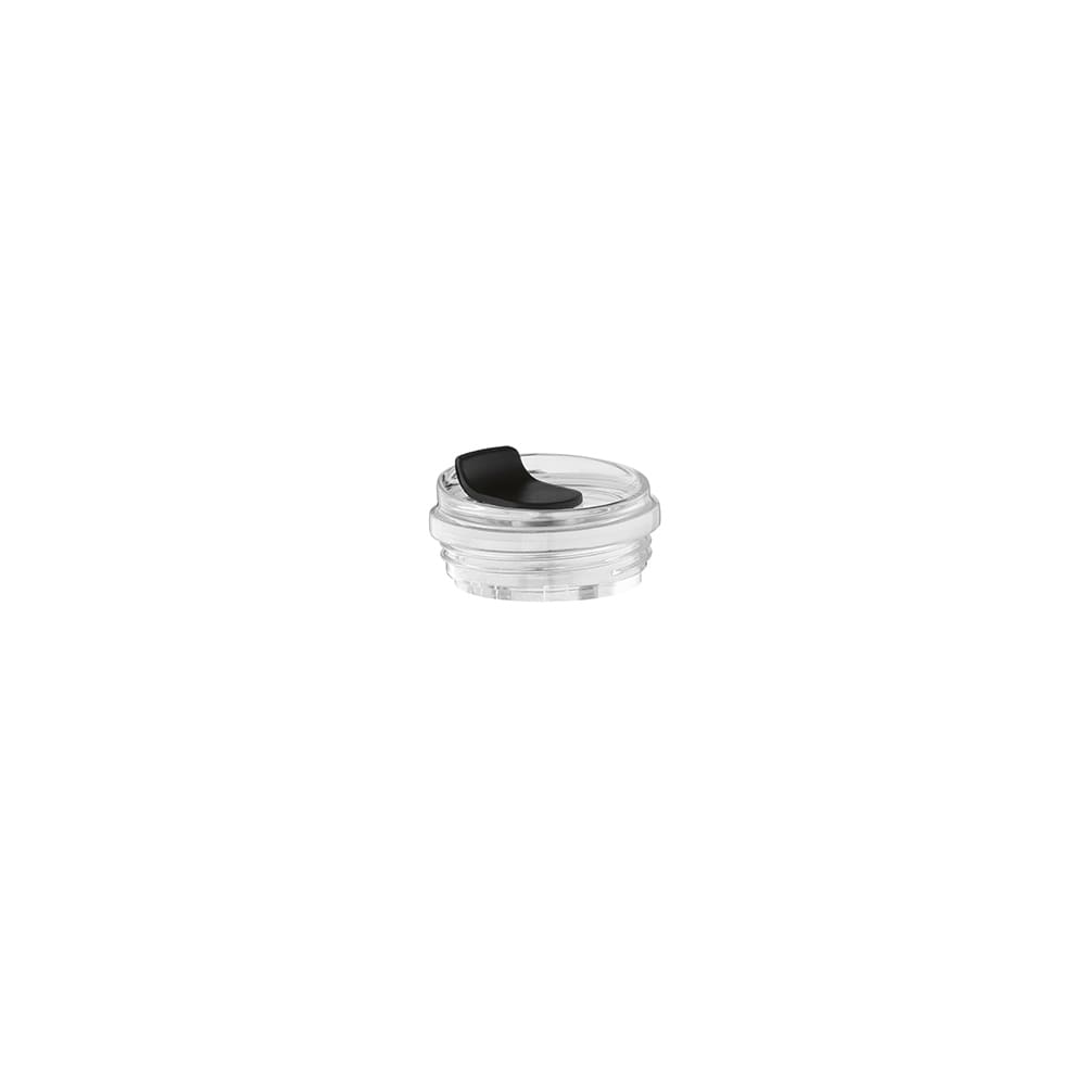 A drink bottle lid with a black silicone spout, designed for a secure fit, featuring a clear body.