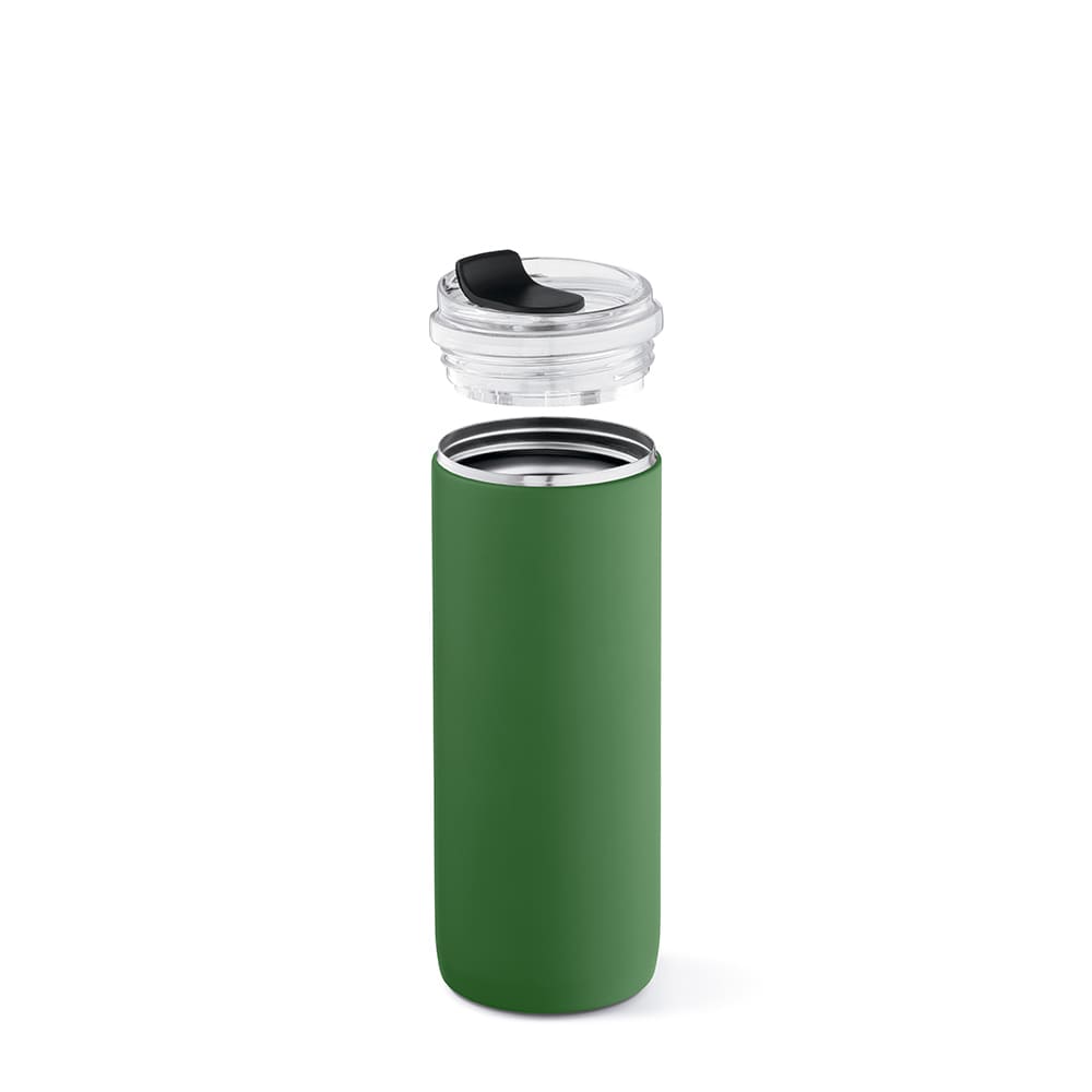A drink bottle in matte green, featuring a double wall design and a clear, leakproof lid.