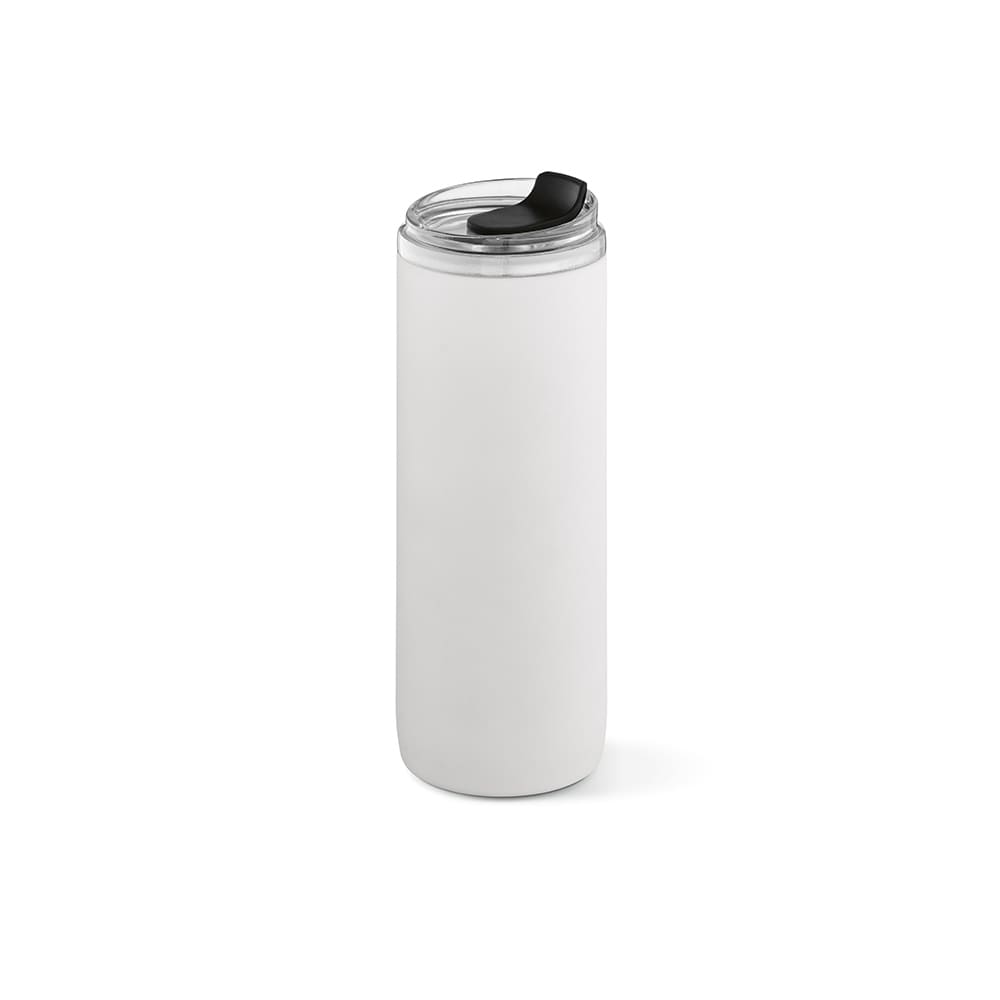 A drink bottle in white with a black lid, featuring a double wall design and a leakproof construction.