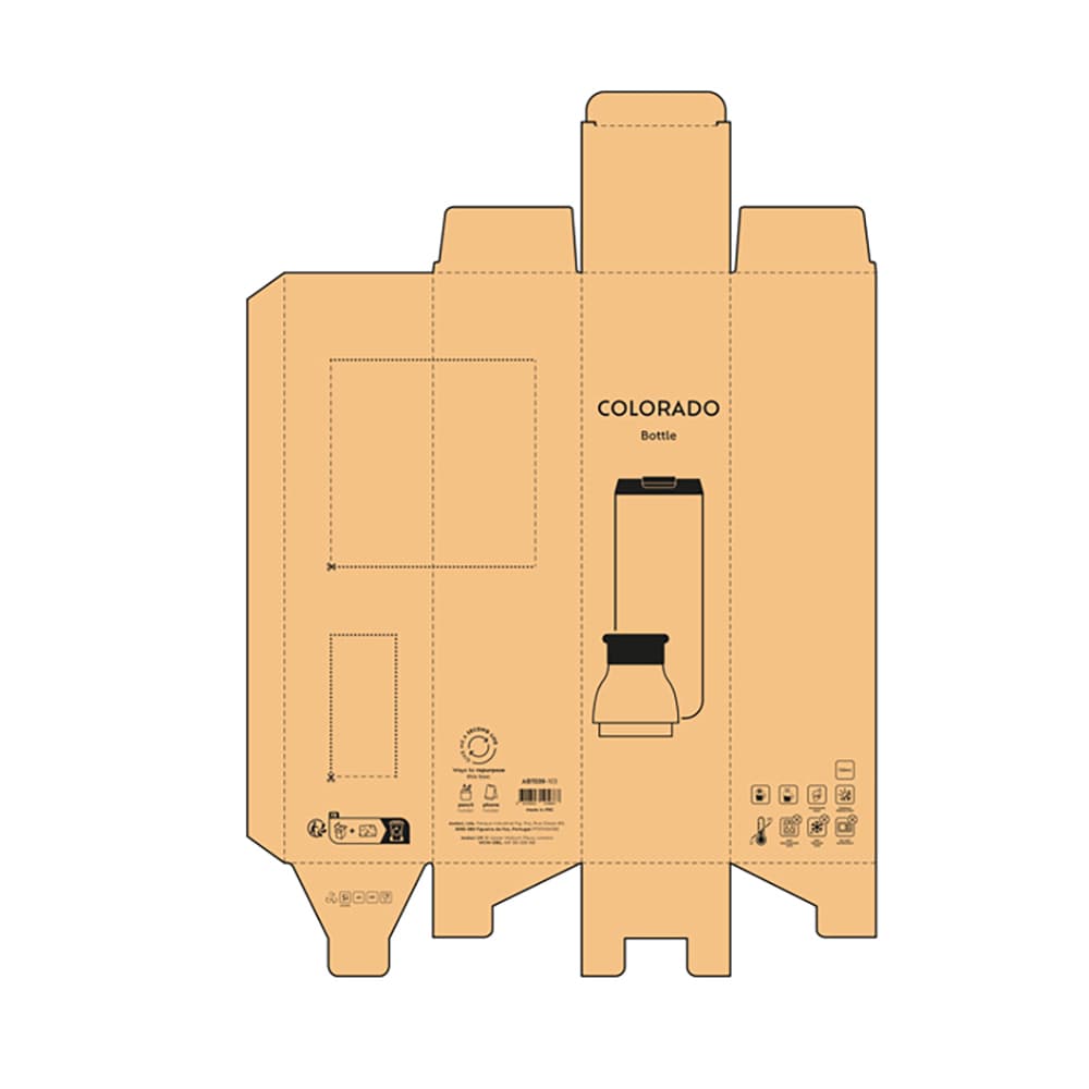 A drink bottle packaging design featuring a leakproof, double-wall construction. The box is mainly brown with a branding logo.