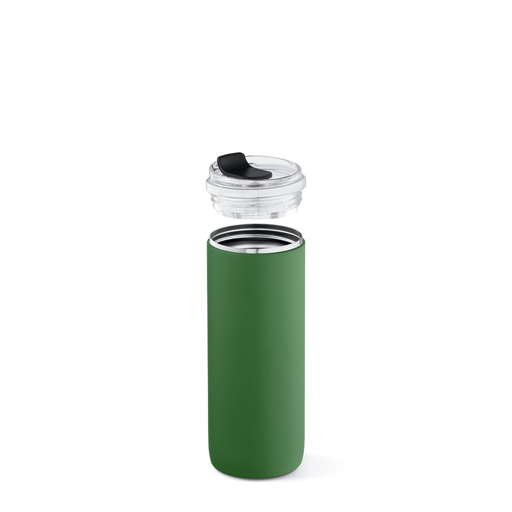 A drink bottle with a double wall design, featuring a green exterior and a clear, leakproof lid.