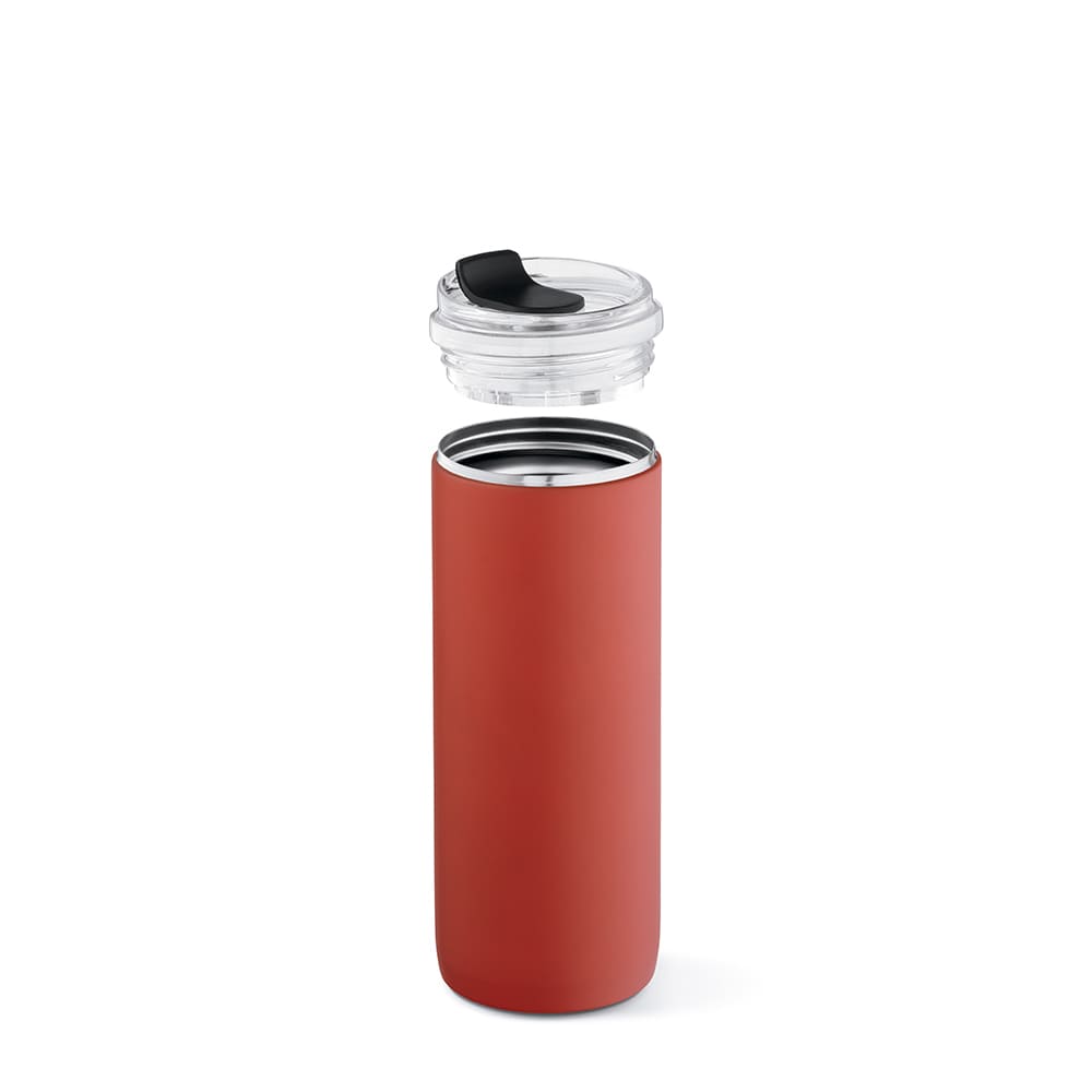 A drink bottle in a matte terracotta finish, featuring a double-wall design and a clear, leakproof lid.