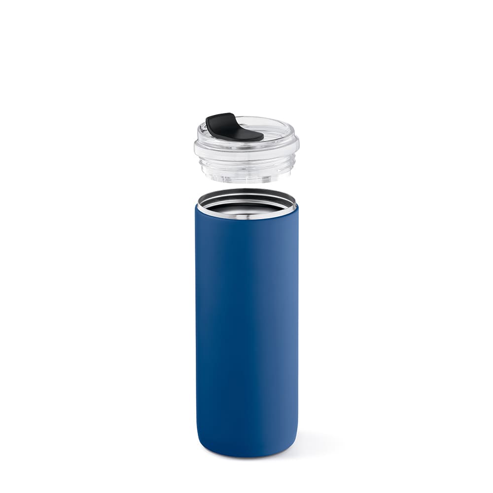 A drink bottle in blue, featuring a double wall design and a clear, leak-proof lid. Includes a logo.