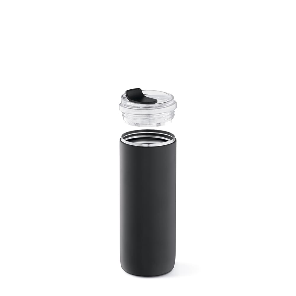 A drink bottle in matte black with a double wall design and a clear, leakproof lid. Bottles feature a logo.
