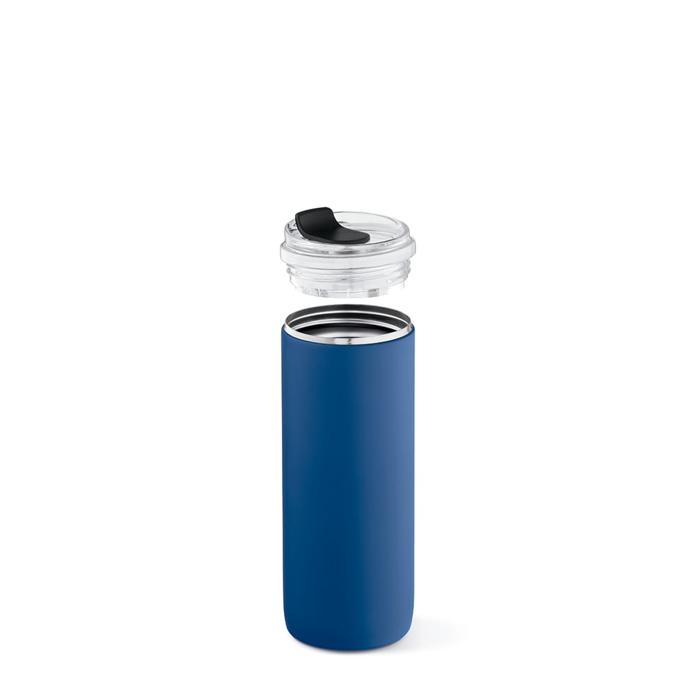 A drink bottle features a blue, double-wall design with a spill-proof lid and a sleek, insulated finish.