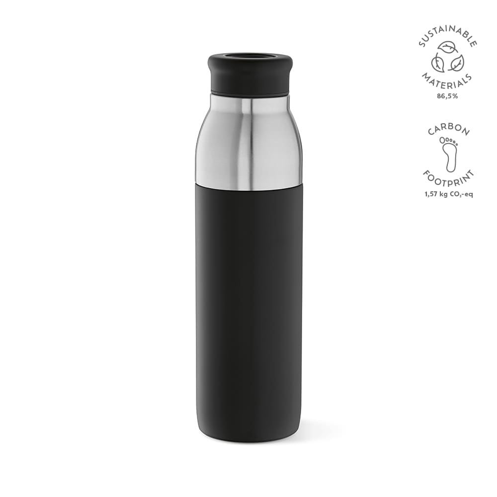 A drink bottle featuring a stainless steel top and a matte black body. It has a logo and is double-walled and leakproof.