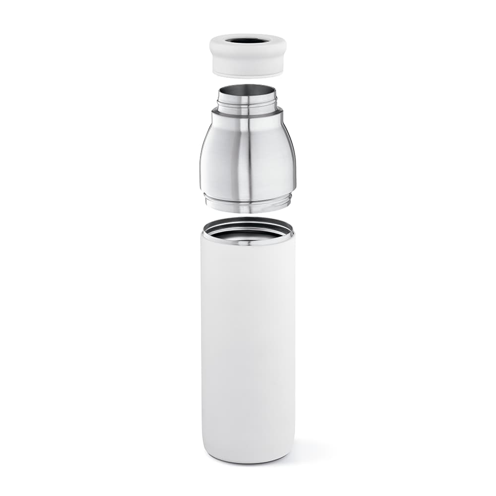 A drink bottle in white with a silver lid, featuring a double wall and leakproof design. It includes a logo.