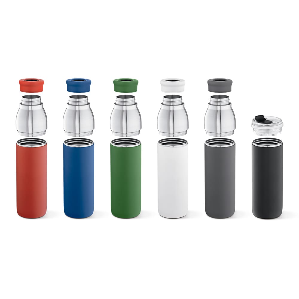 A drink bottle display featuring five double-wall, leakproof bottles in red, green, white, grey, and blue, each with a cap.